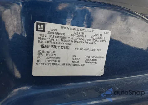 2001 Chevrolet Express from USA, damaged, VIN 1GAGG25R511171487